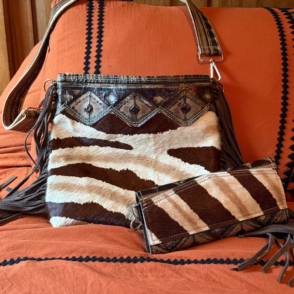 Fringe Zebra-Print Leather Shoulder Bag with Matching Wallet - Brown & White